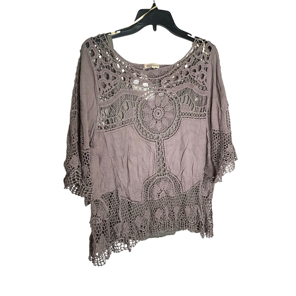 Democracy Crochet Cotton Top Short Sleeve Round Neck Pullover Gray Womens Size L